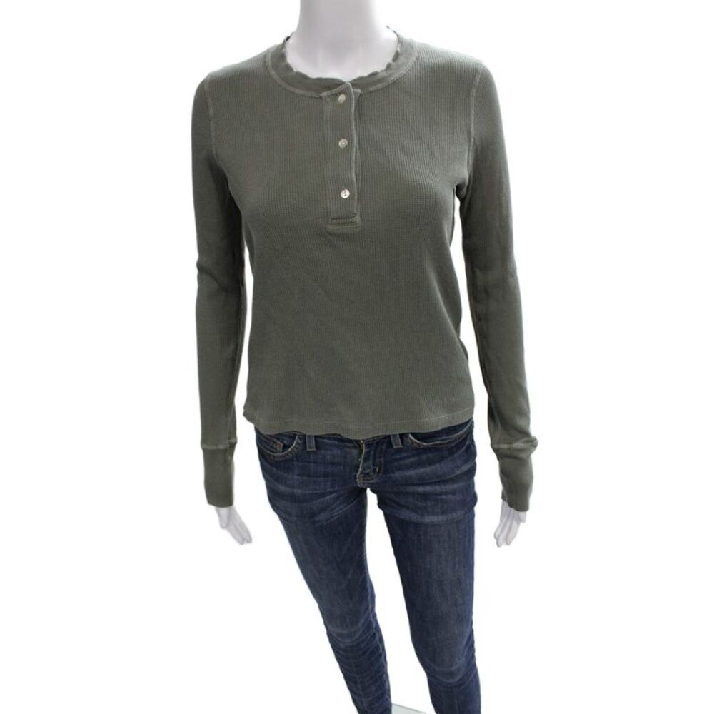 Amo Womens Green Henley Long Sleeve Basic T-Shirt Recycled Cotton Size S